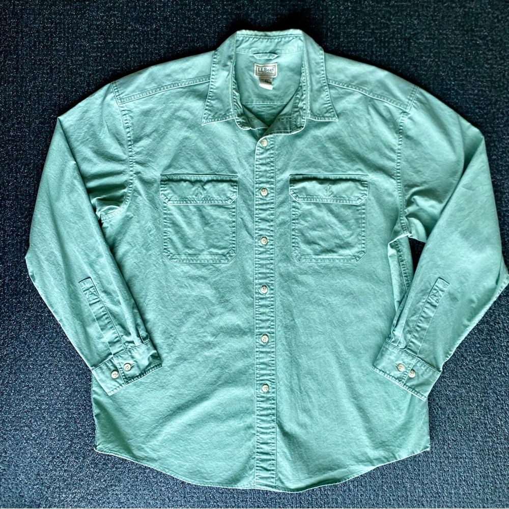 VTG 90s L.L. Bean Men Green Button Down 2 Pocket Canvas Long Sleeve Shirt Size L